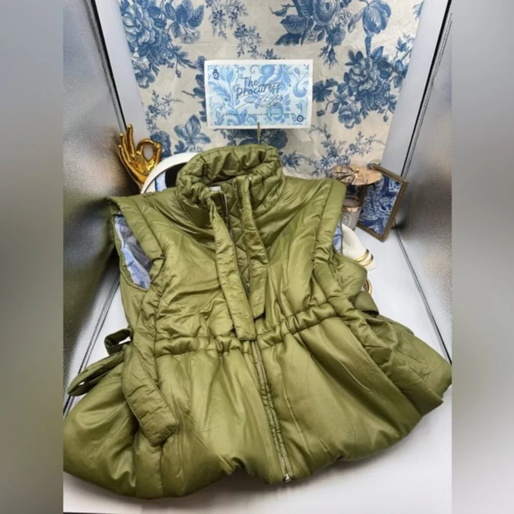 🆕 GANNI 🧿 NWOT Padded Sleeveless Jacket, Khaki Green - Sz S / M - Picture 2 of 16